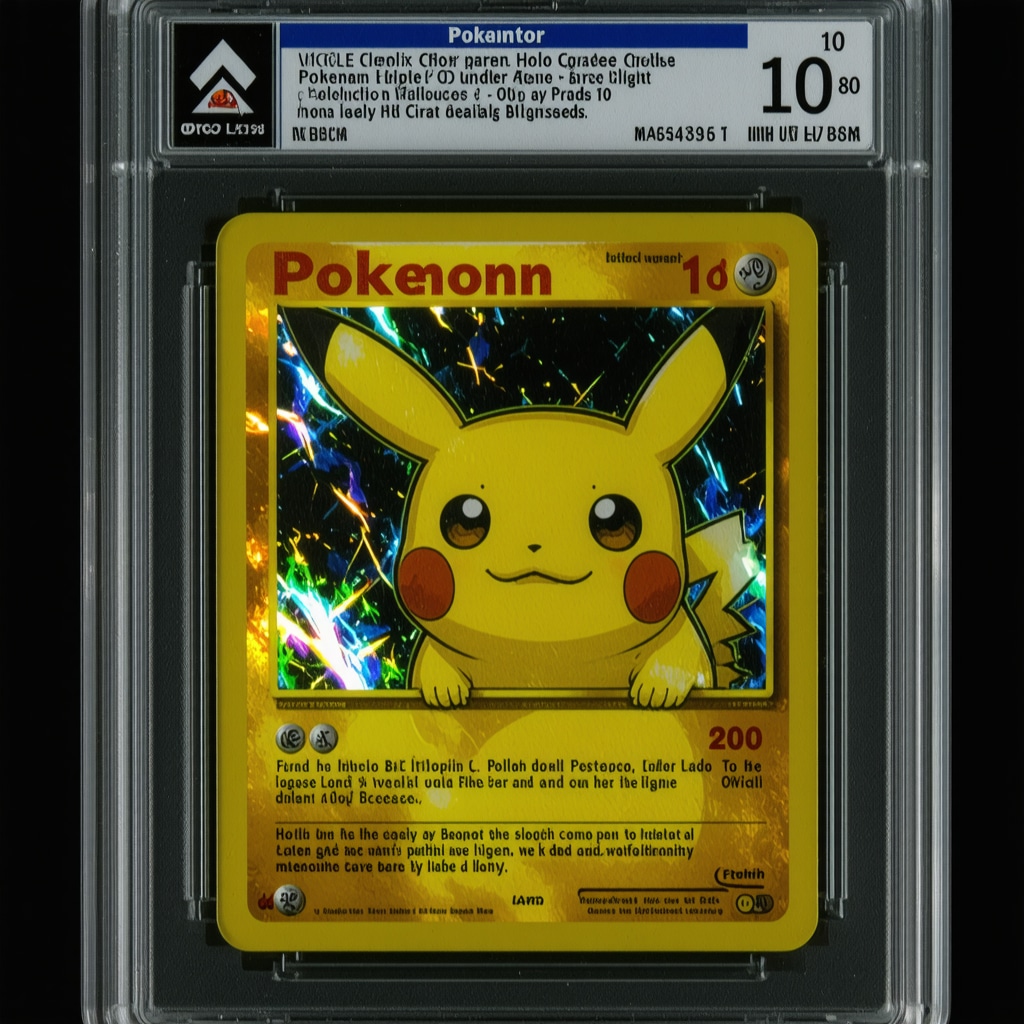 Close-up image of a CGC 10 Japanese vintage Pokémon holo rare card with a digital blockchain authentication overlay under UV light
