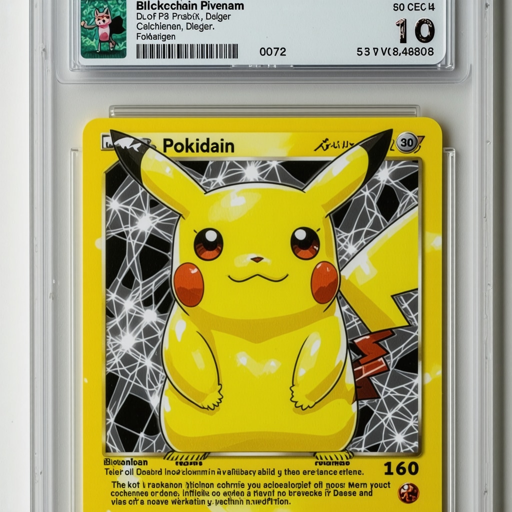 Close-up of CGC 10 graded Japanese vintage Pokémon card with holographic details and blockchain authenticity overlay