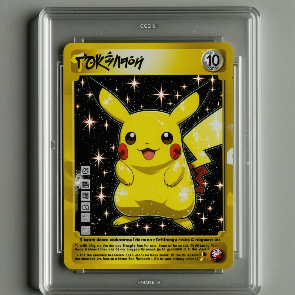 Close-up of a CGC 10 graded Japanese vintage Pokémon holo rare card with digital AI and blockchain authentication graphics