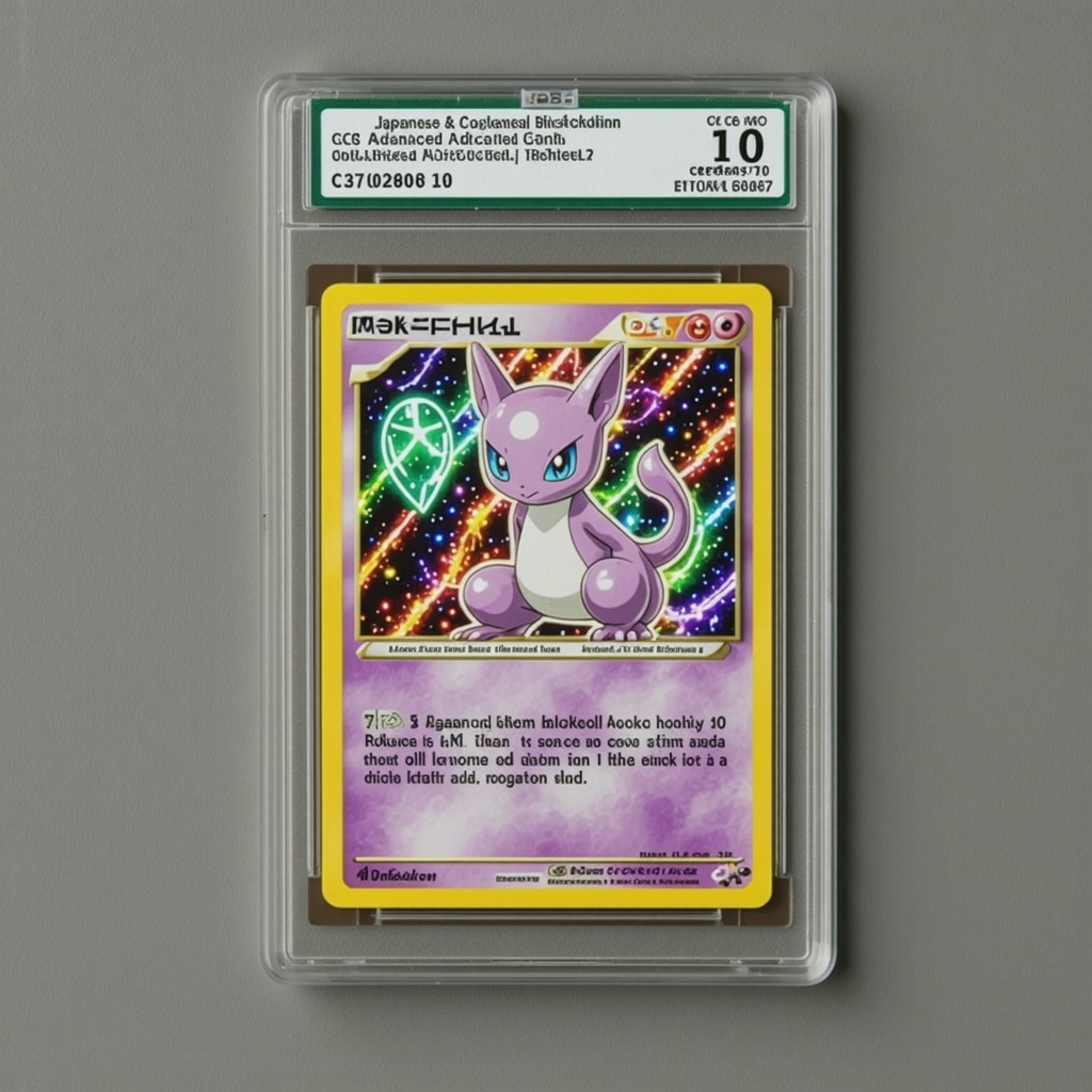 CGC Gem Mint 10 Japanese Mewtwo Pokémon card displayed with a digital blockchain certificate overlay representing advanced provenance and authentication