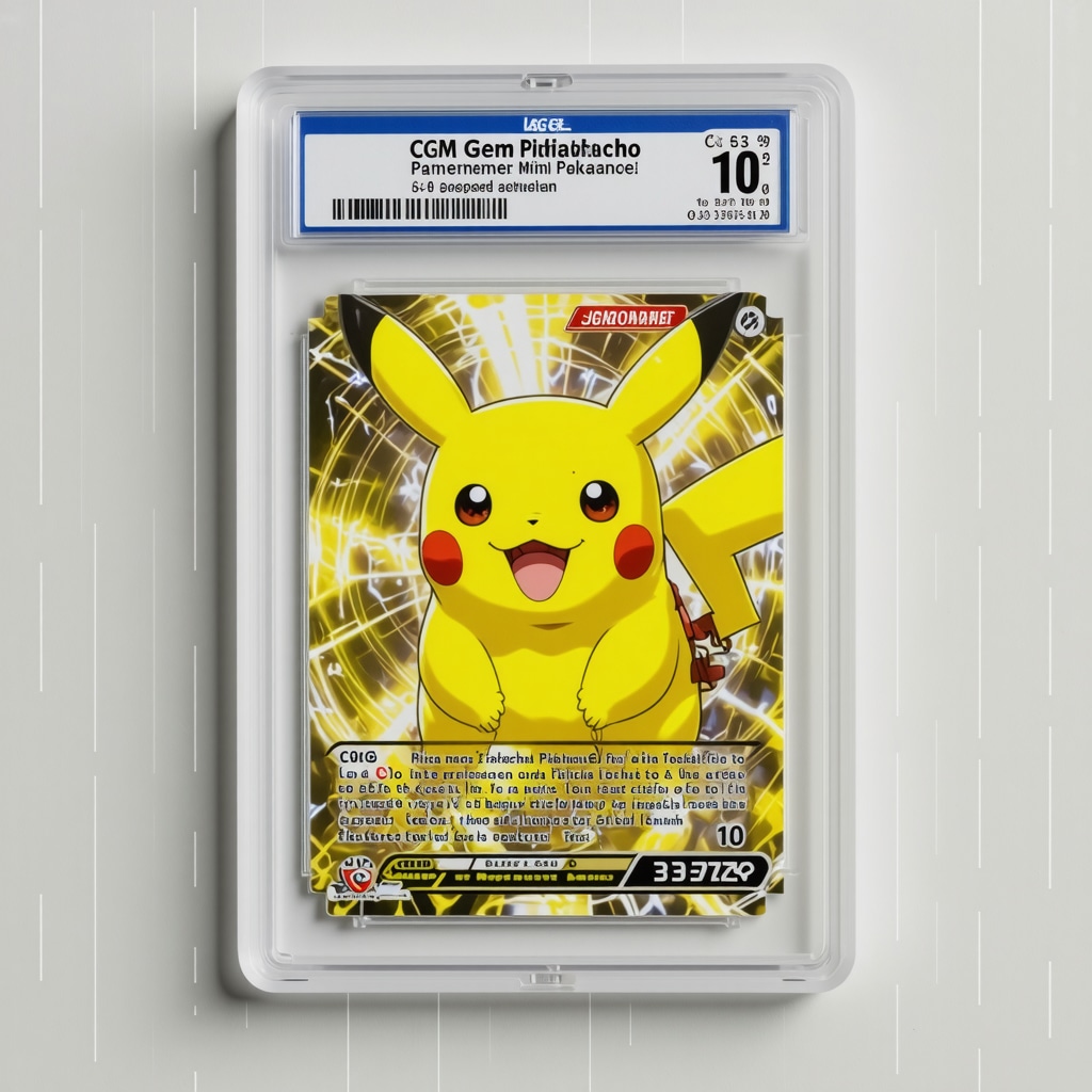 Close-up of CGC Gem Mint 10 Japanese Pikachu Pokémon card featuring holographic details and digital blockchain authenticity overlay