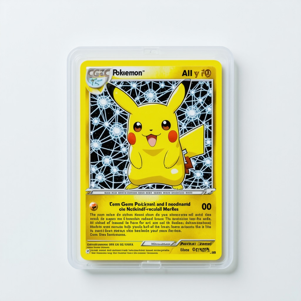 CGC Gem Mint 10 Japanese Pokémon Card overlaid with blockchain and AI technology graphics