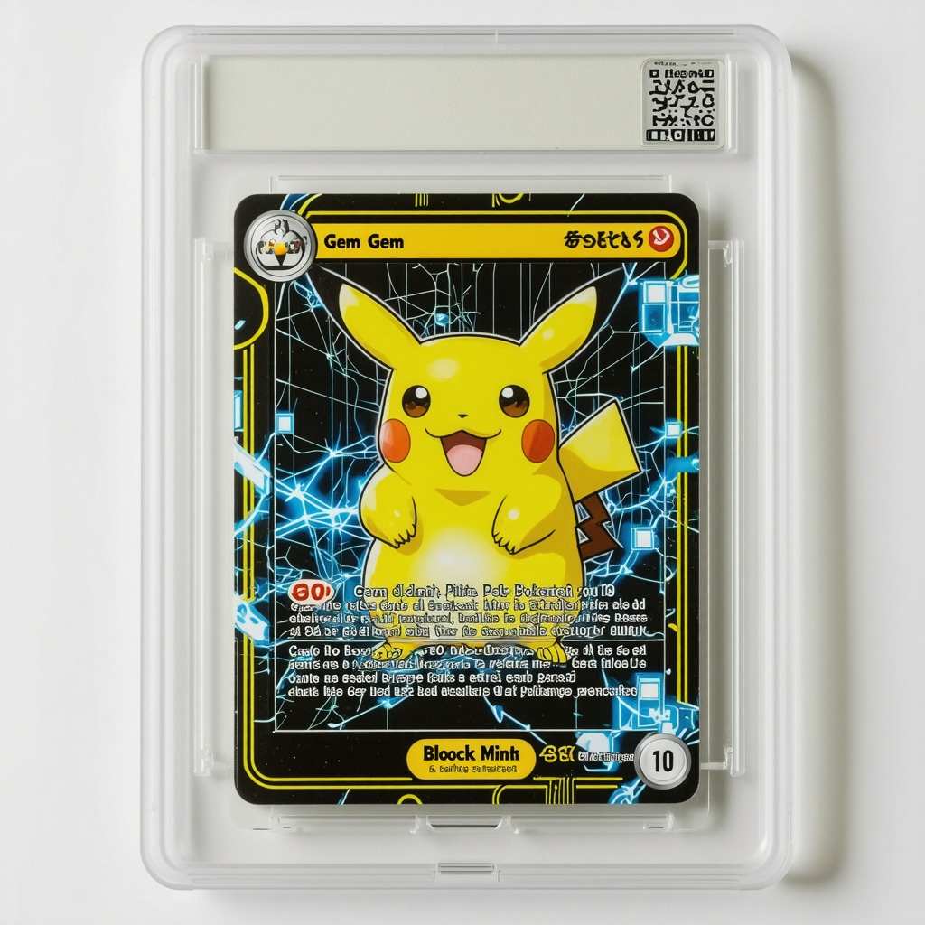CGC Gem Mint 10 Japanese Pokémon card highlighting grading seal with digital icons for blockchain and data analytics