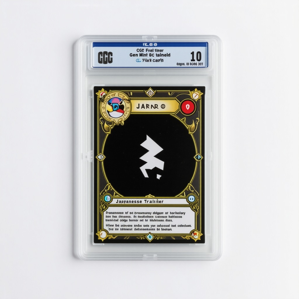 CGC Gem Mint 10 Japanese Trainer card alongside a digital blockchain ledger interface depicting provenance and authentication details