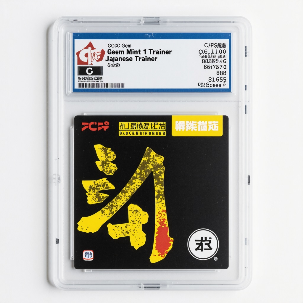 Close-up of a CGC Gem Mint 10 Japanese Trainer card showing grading label and data analytics charts in the background