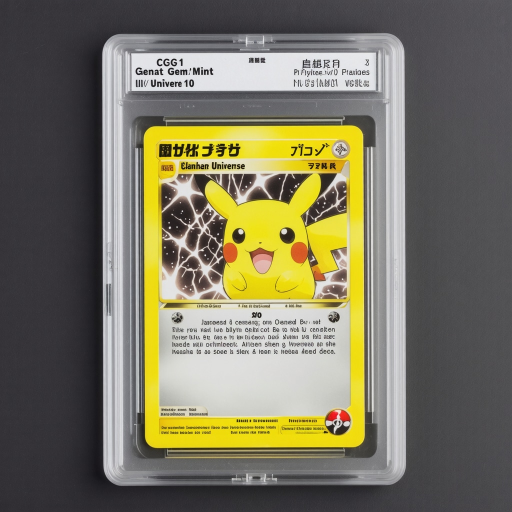 Close-up of a CGC Gem Mint 10 graded Japanese VSTAR Universe Pokémon card encased in a UV-protective display case