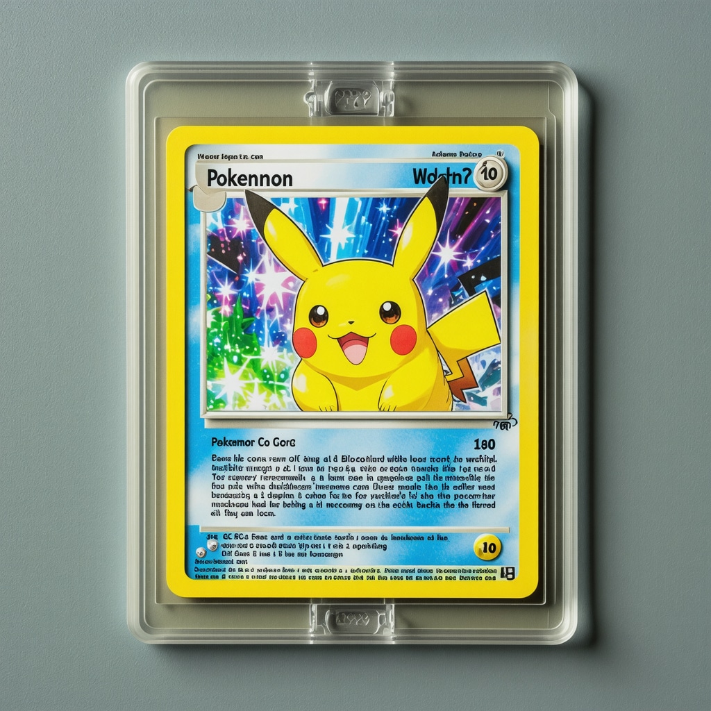 Close-up of a CGC Gem Mint 10 Japanese WOTC Pokémon card showing microscopic details with AI scanning and blockchain provenance overlays