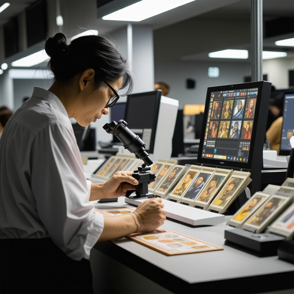 Experts examining Japanese collectible cards in a high-tech grading lab with digital grading metrics visible