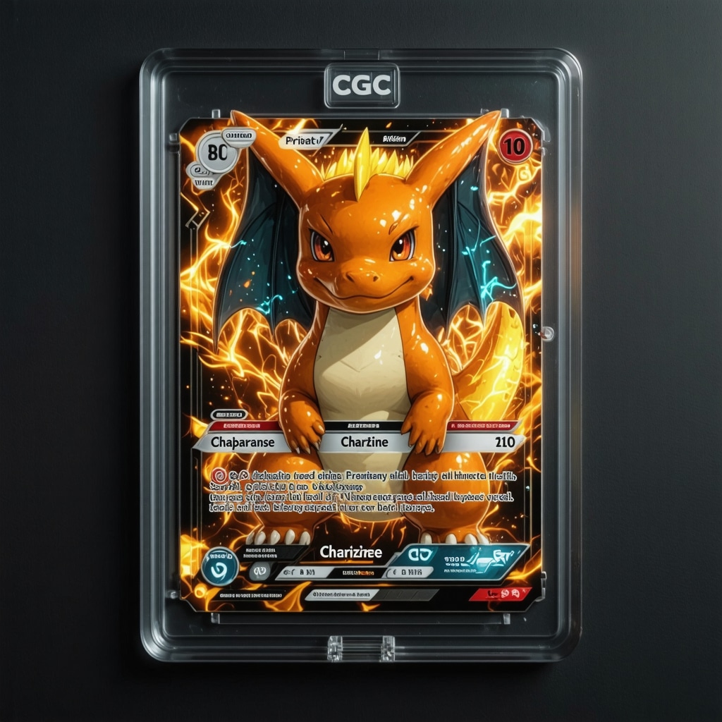 Close-up image of a CGC Pristine 10 Japanese Charizard card slab featuring holographic and blockchain authentication icons