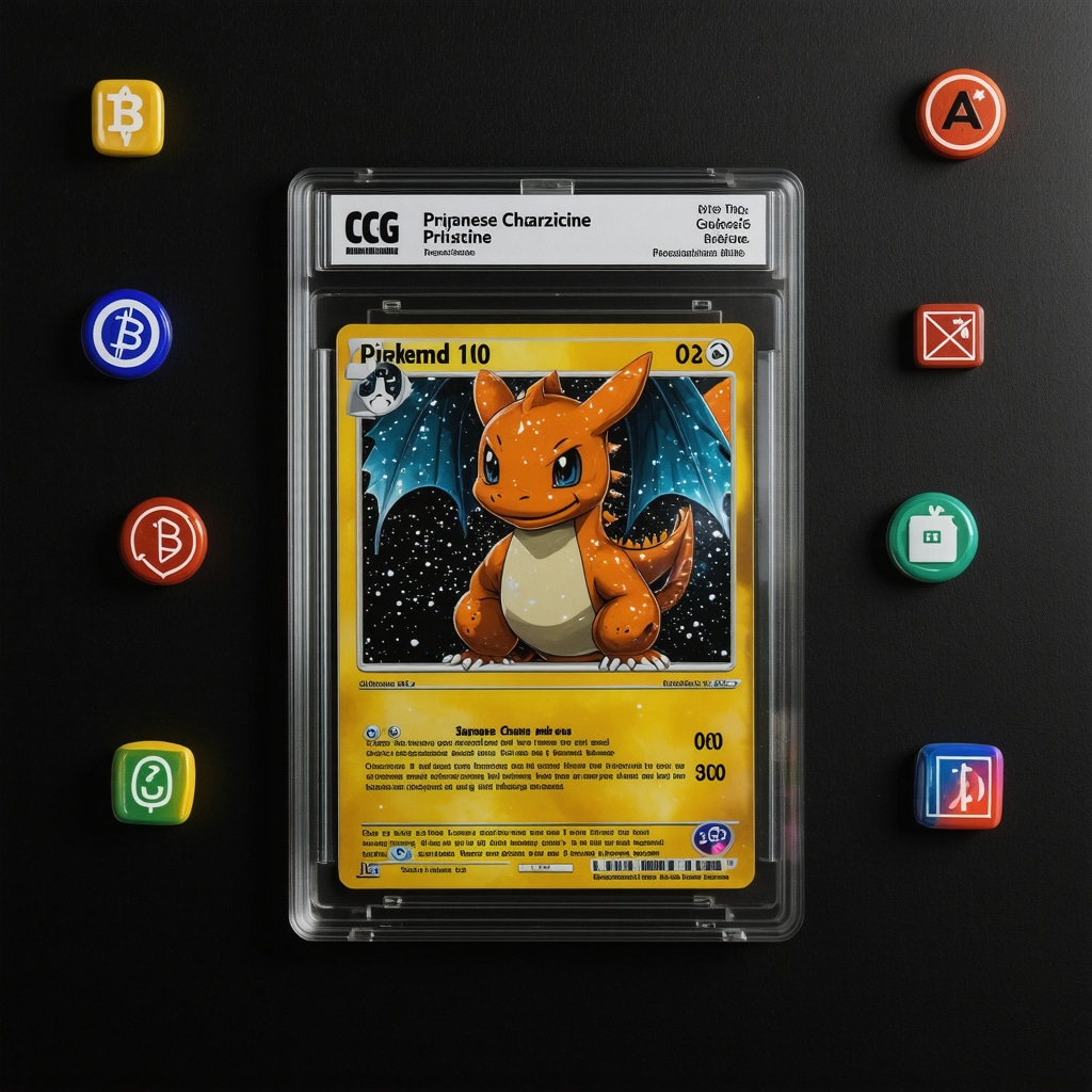 Close-up image of CGC Pristine 10 Japanese Charizard card alongside digital elements symbolizing blockchain and AI authentication