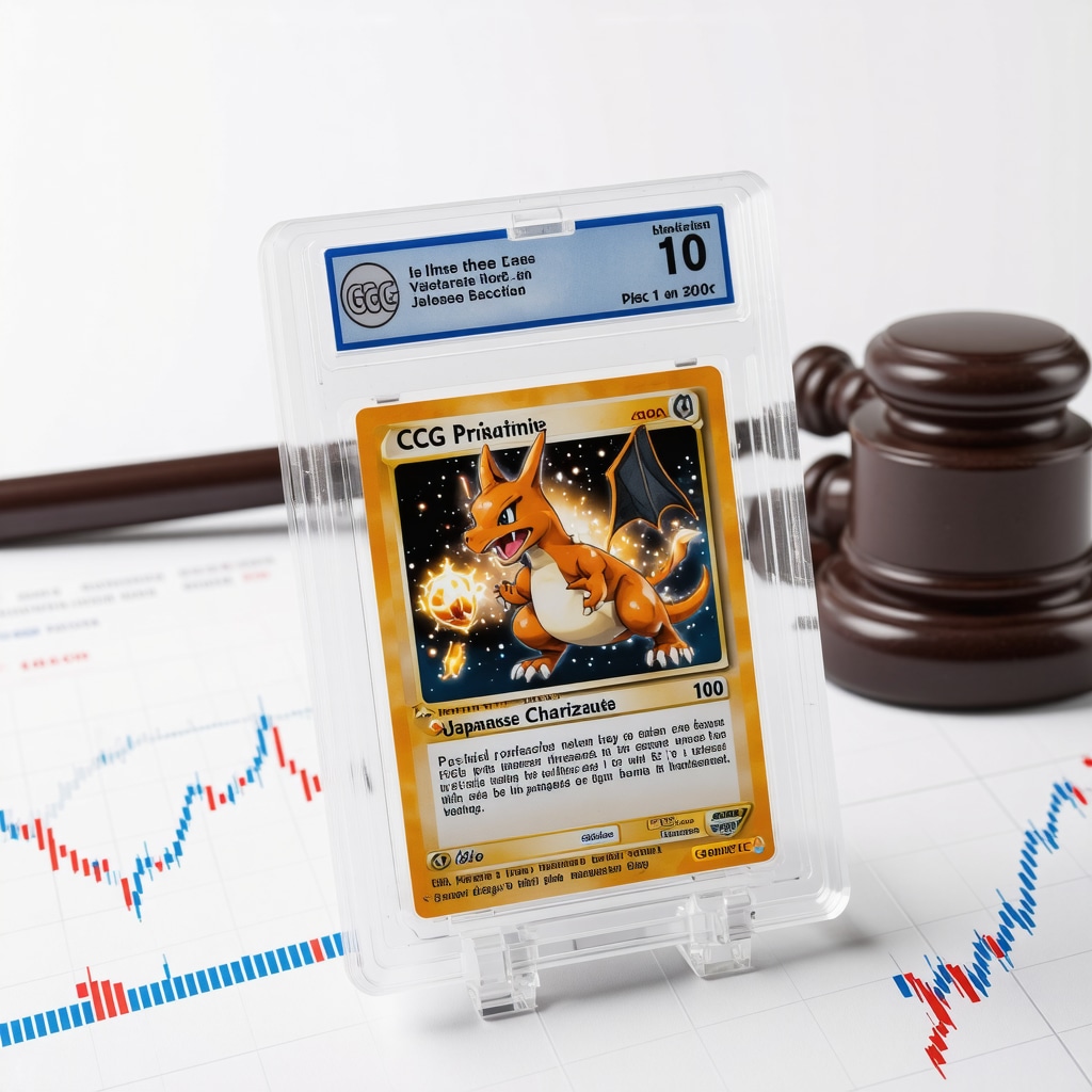 Close-up of CGC Pristine 10 Japanese Charizard card slab with digital blockchain icons and auction imagery