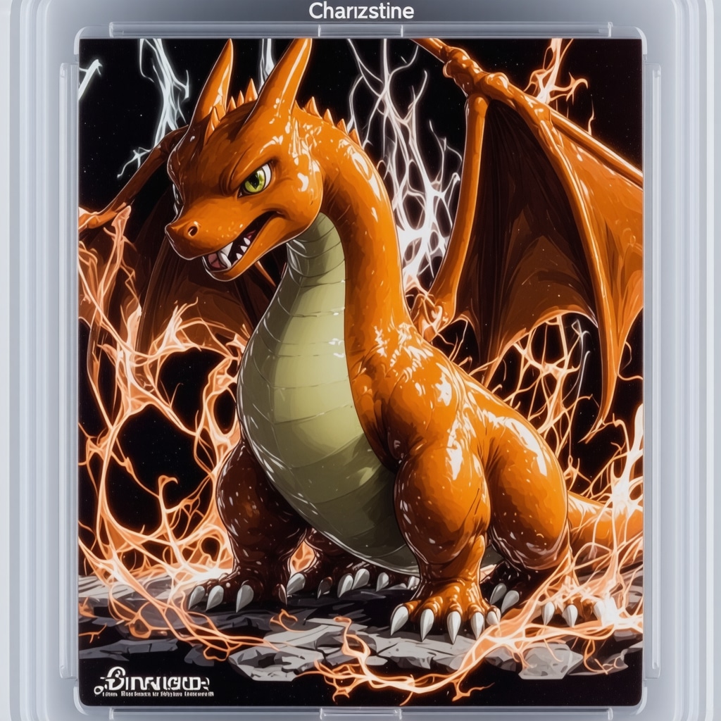 Close-up image showing holographic details and edge sharpness of a CGC Pristine 10 Japanese Charizard card under ultraviolet light