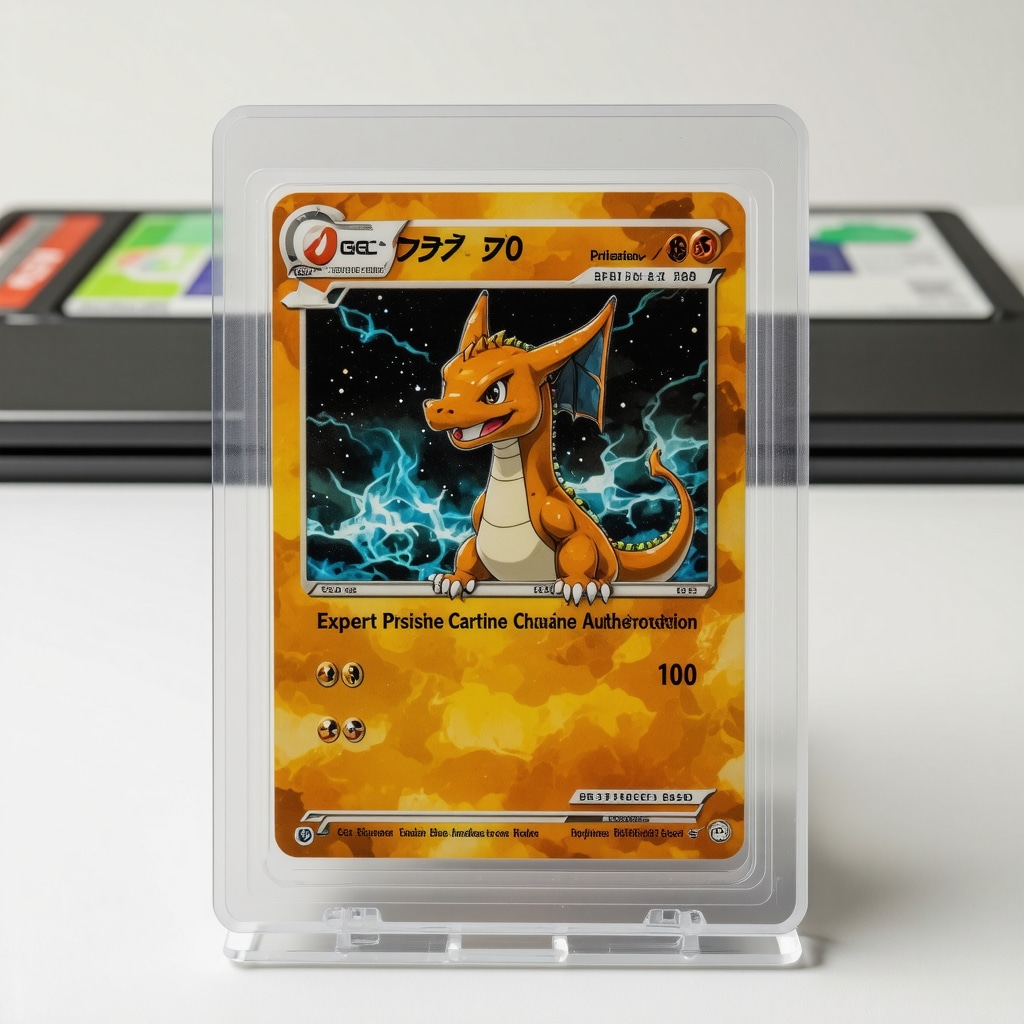 A pristine CGC 10 Japanese Charizard card featuring digital blockchain authentication graphics and grading tools