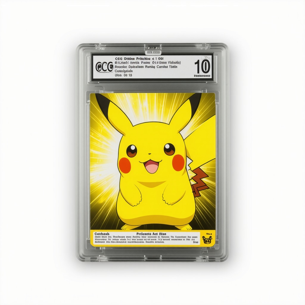 Close-up image of a CGC Pristine 10 Japanese Pikachu card displaying detailed subgrades and a digital blockchain certificate hologram