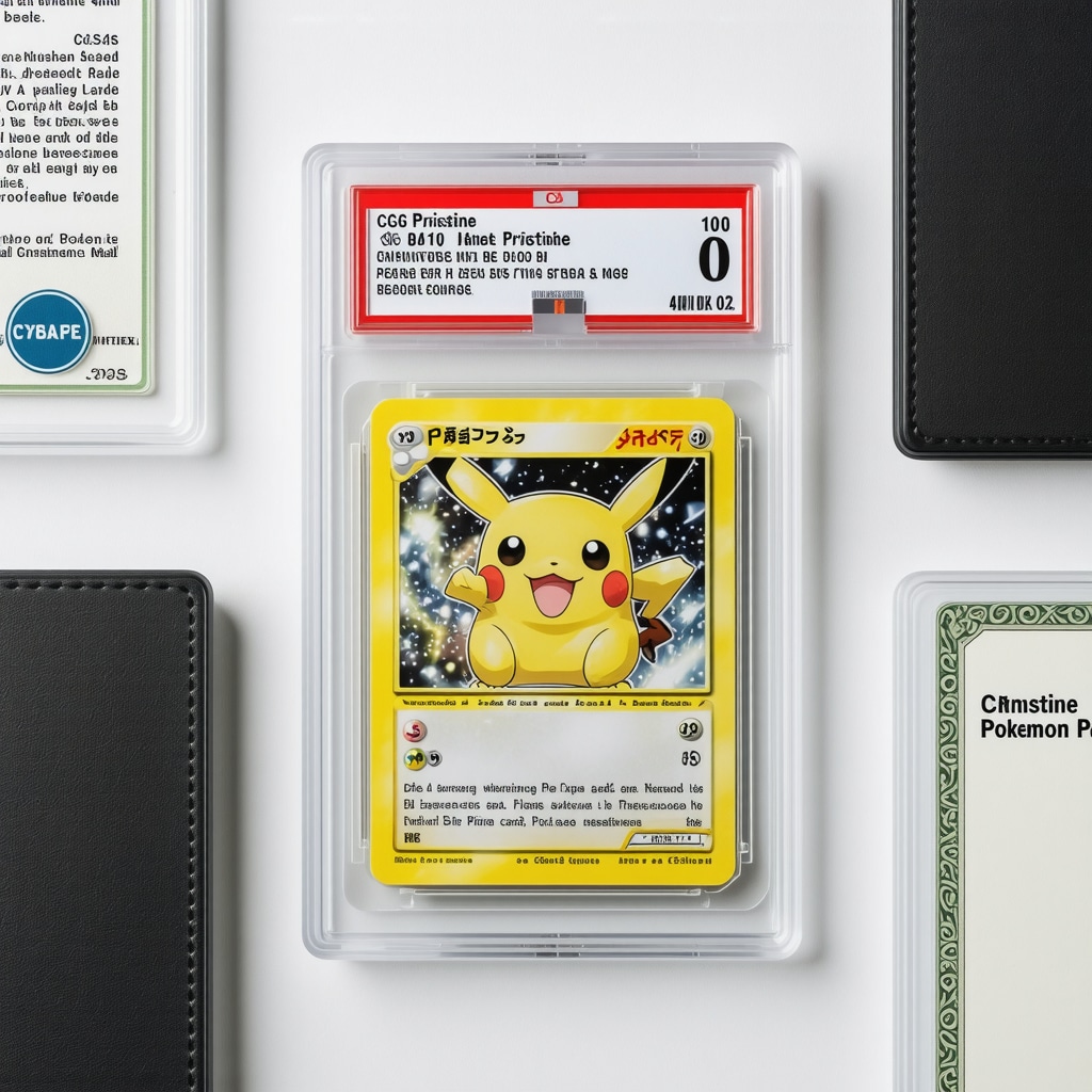 Pristine Japanese Pokémon card in UV-protective archival case with grading certification and storage materials