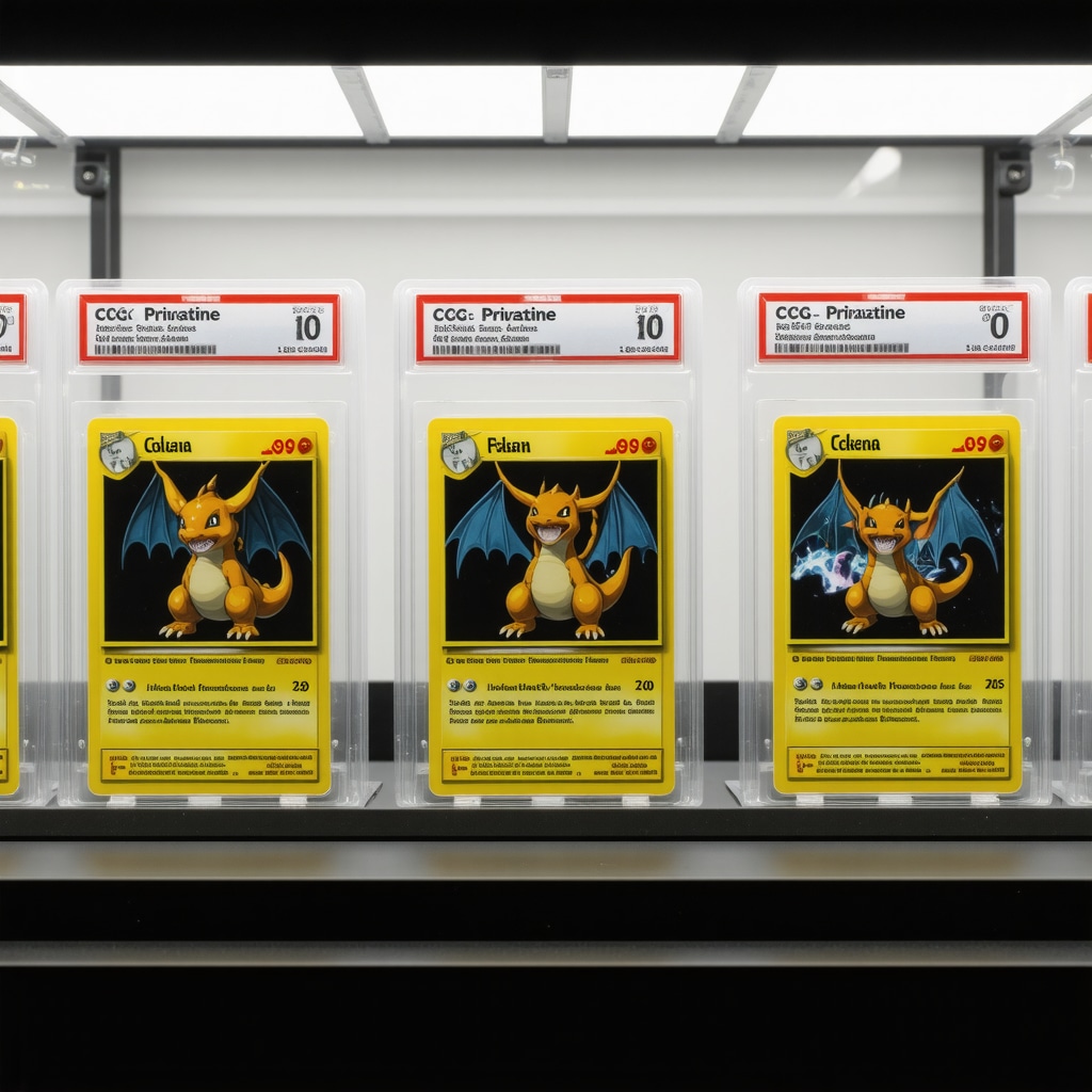 CGC Pristine 10 Japanese Charizard card in a climate-controlled display case with LED lighting and UV protection