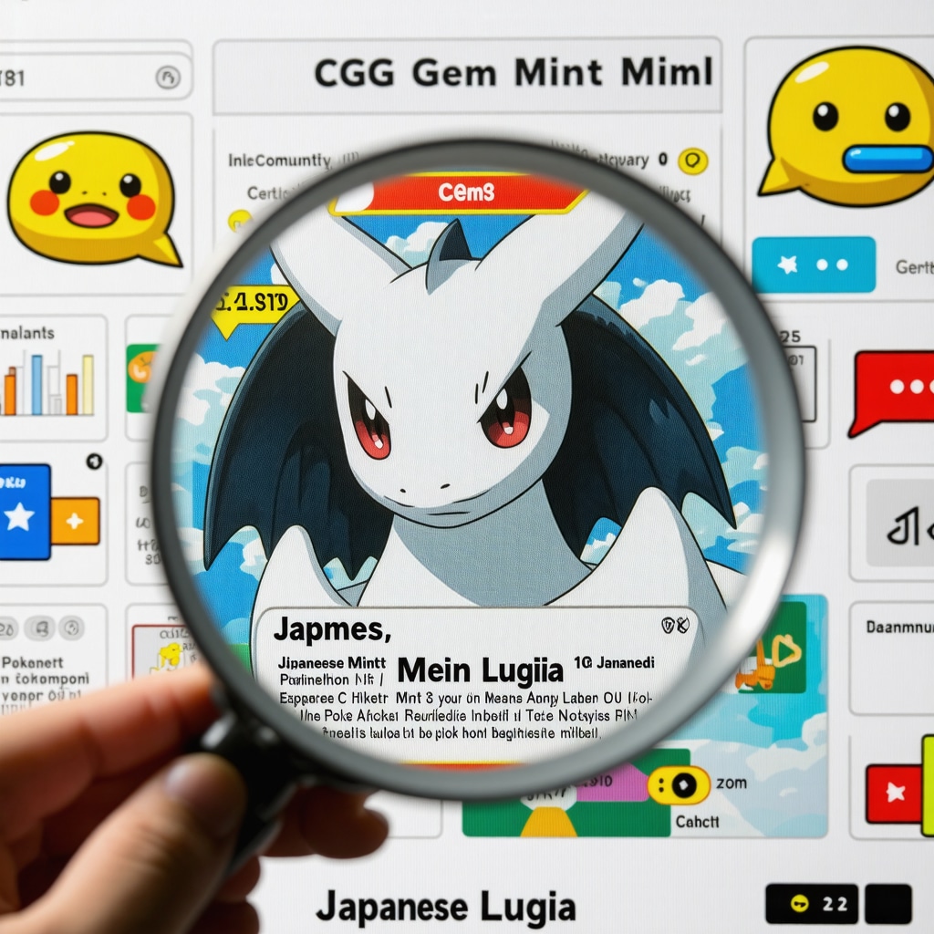 CGC Gem Mint 10 Japanese Lugia Pokémon card under magnifying glass with data charts and community discussion graphics