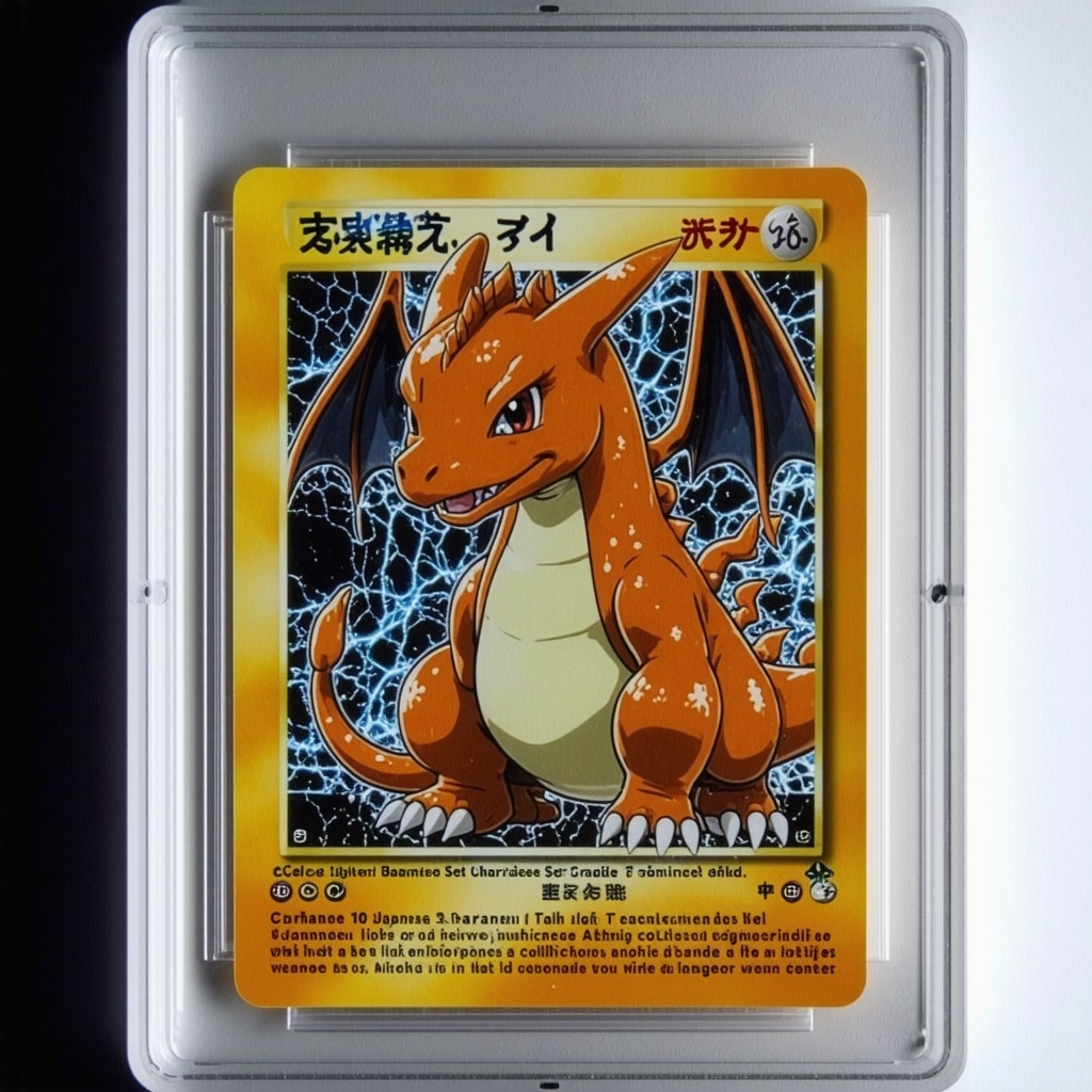 Detailed ultraviolet light examination of a CGC 10 Japanese Base Set Charizard card showing holographic and authenticity features