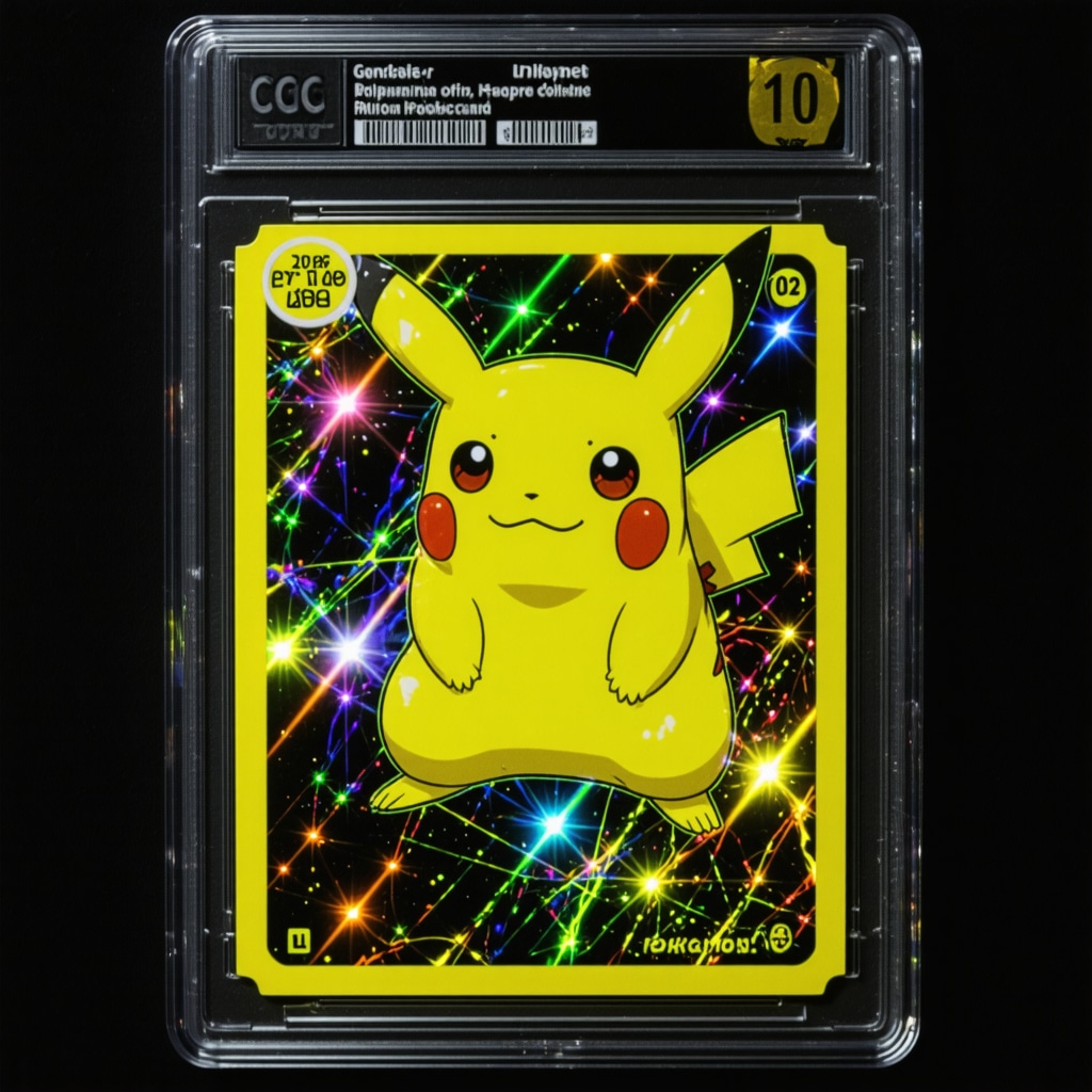 Detailed view of a CGC 10 Japanese holo rare Pokémon card showing holofoil patterns and sharp edges under UV light