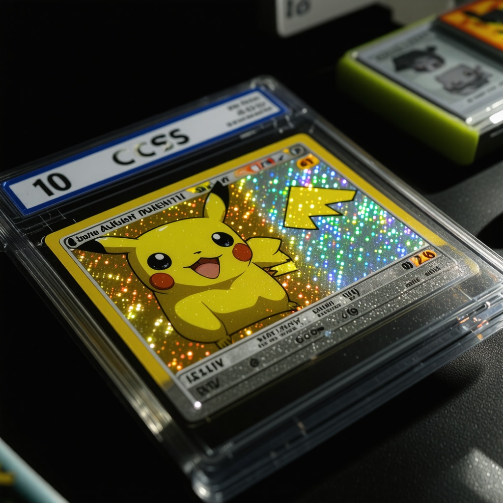Macro image showing holographic foil and print details on a CGC 10 Japanese Pokémon card with UV light and magnification tools