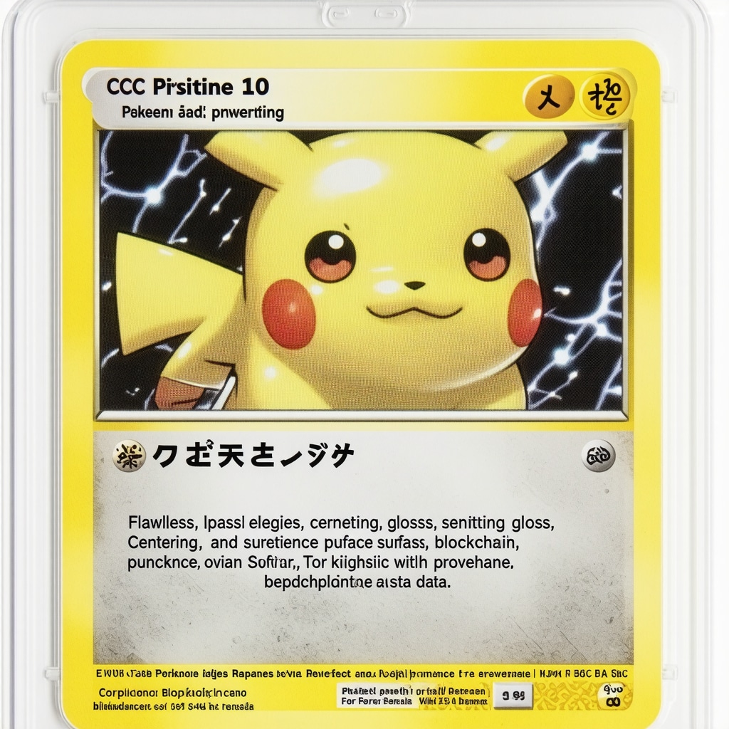 Magnified CGC Pristine 10 Japanese Pokémon card showing perfect centering and edges with blockchain provenance graphics
