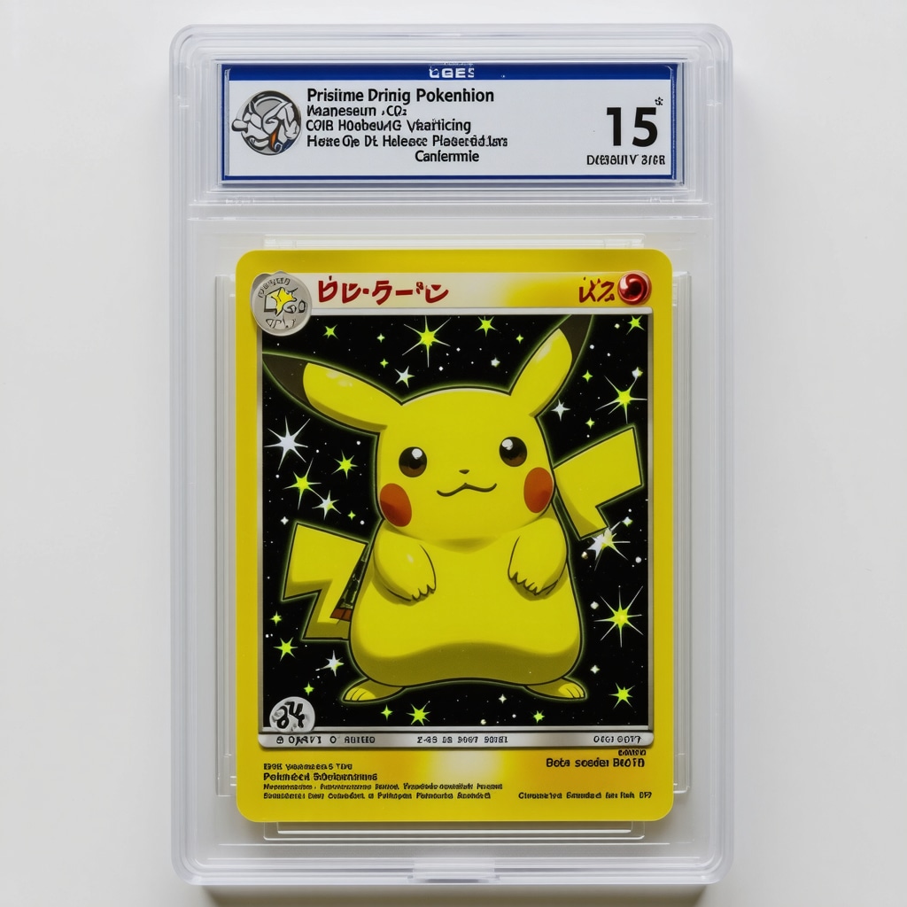 Detailed view of CGC graded Japanese Pokémon card highlighting printing anomalies and holographic features in a high-end display case
