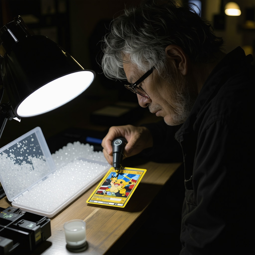 Close-up of hands holding a Japanese Pokémon card under bright LED light using a jeweler's loupe, with preservation accessories in the background