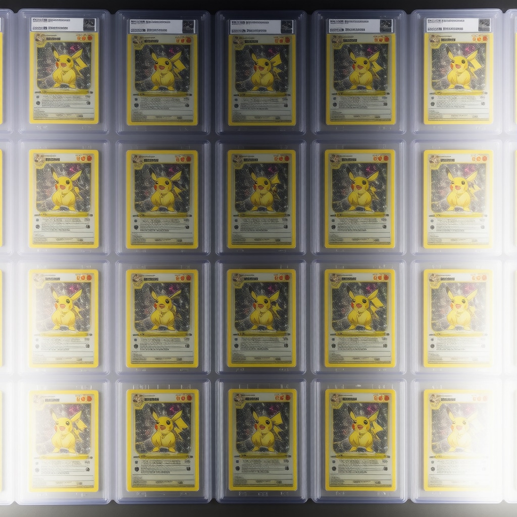 Japanese vintage Pokémon holo cards graded CGC 10 displayed in archival sleeves on a collector's desk