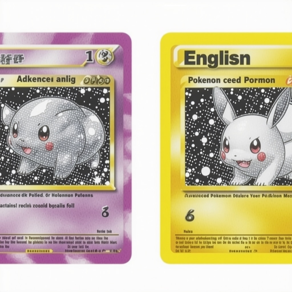 Detailed close-up image showing differences in ink and holographic foil patterns between Japanese and English Pokémon cards under advanced lighting