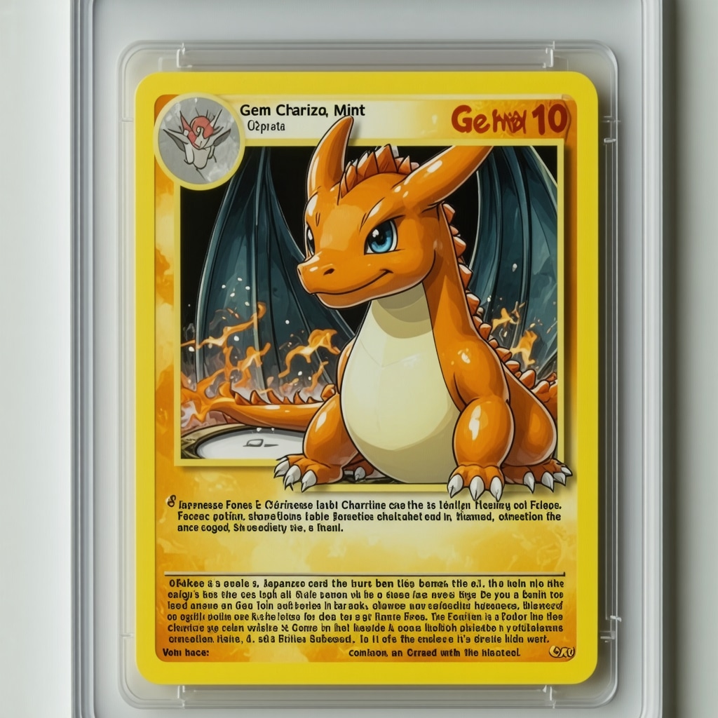 Close-up image of CGC Gem Mint 10 Japanese Charizard card highlighting perfect edges and grading label