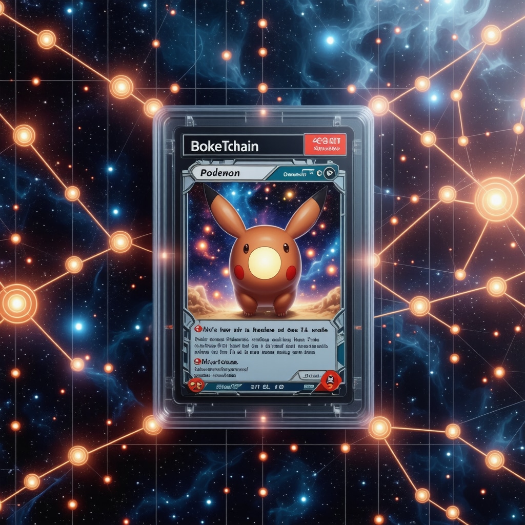 Futuristic digital interface with CGC 10 Japanese vintage holo Pokémon card, blockchain chains, and AI neural networks