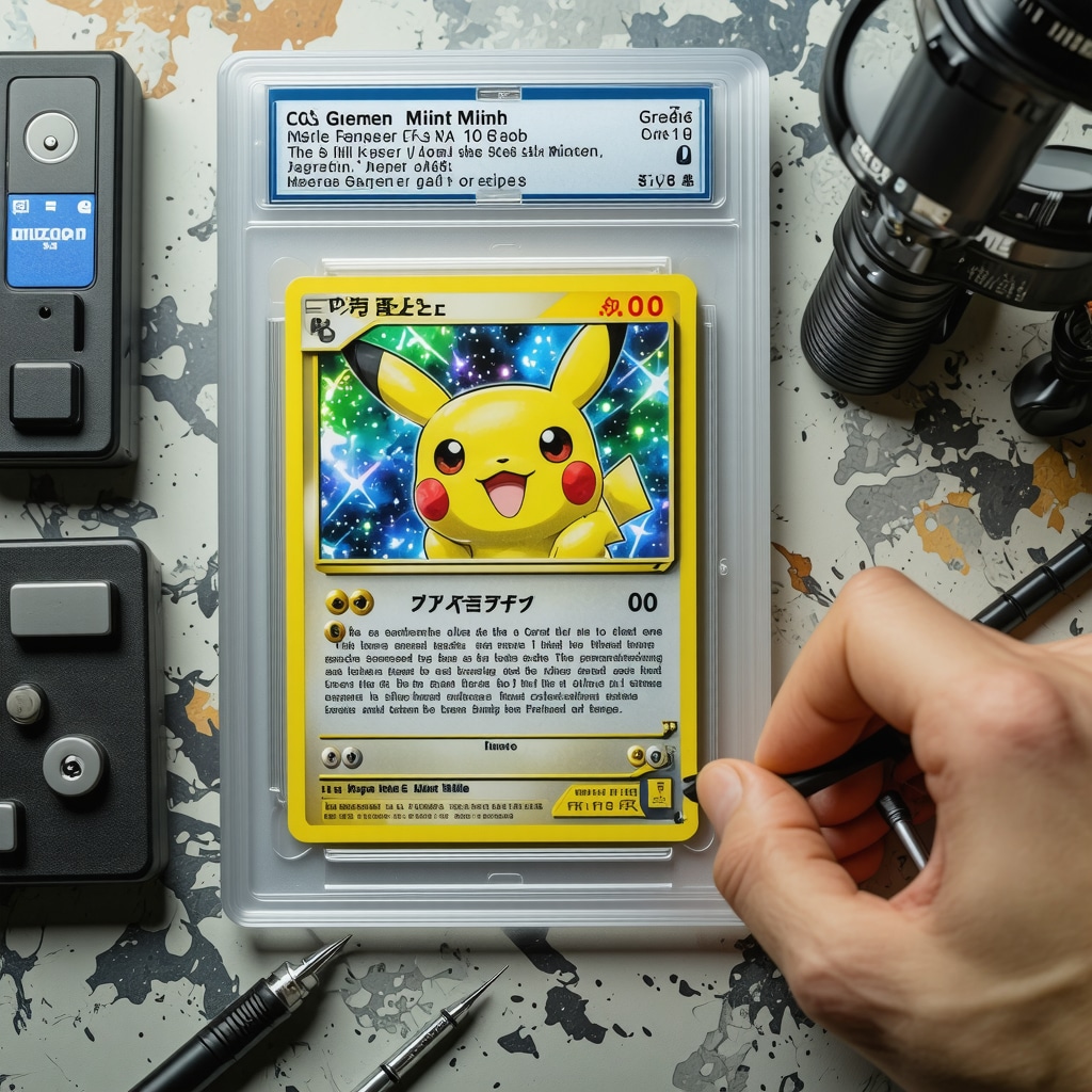 Close-up of CGC graded Japanese Pokémon card slab with authentication tools and holographic seals