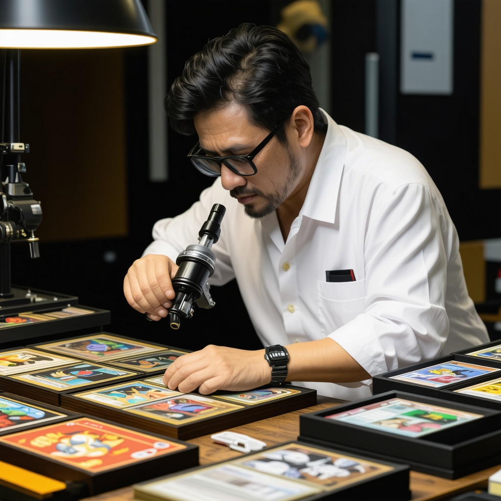 Collector examining CGC Pristine 10 Japanese Charizard card with magnifier and grading tools