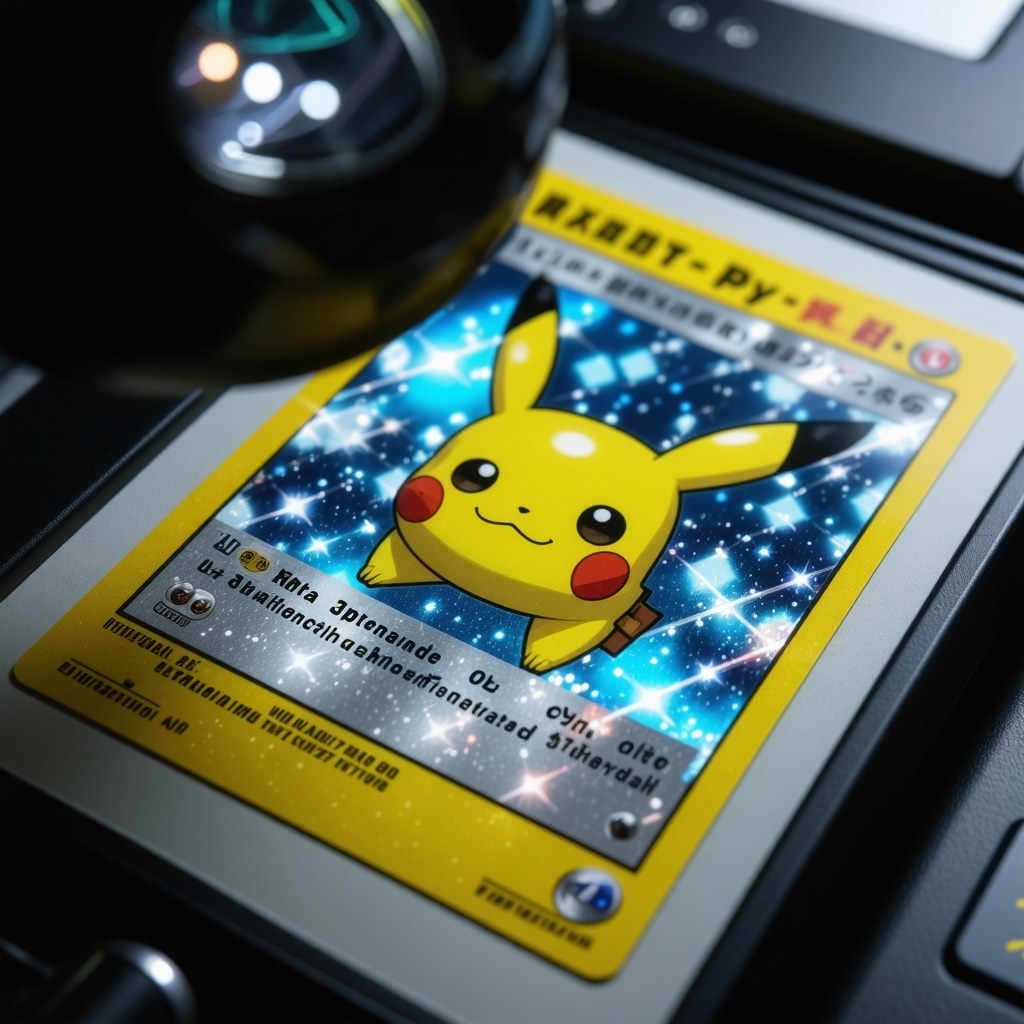 Close-up of Japanese Pokémon card holographic details with grading tools and humidity control