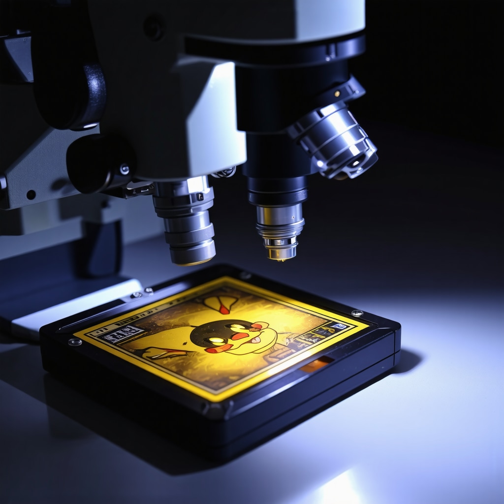 Close-up of scientific forensic analysis on a CGC 10 graded Japanese vintage Pokémon card under UV light in a lab