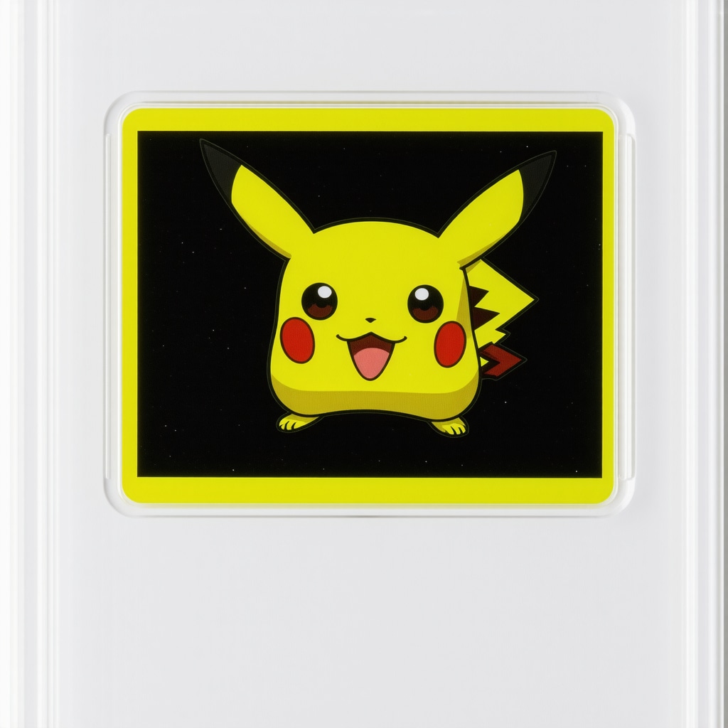 Close-up of CGC 10 Japanese Base Set card under forensic inspection with digital blockchain overlays