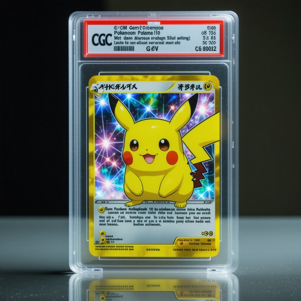 Close-up forensic examination of CGC Gem Mint 10 Japanese Pikachu card under UV light revealing holographic and authentication details