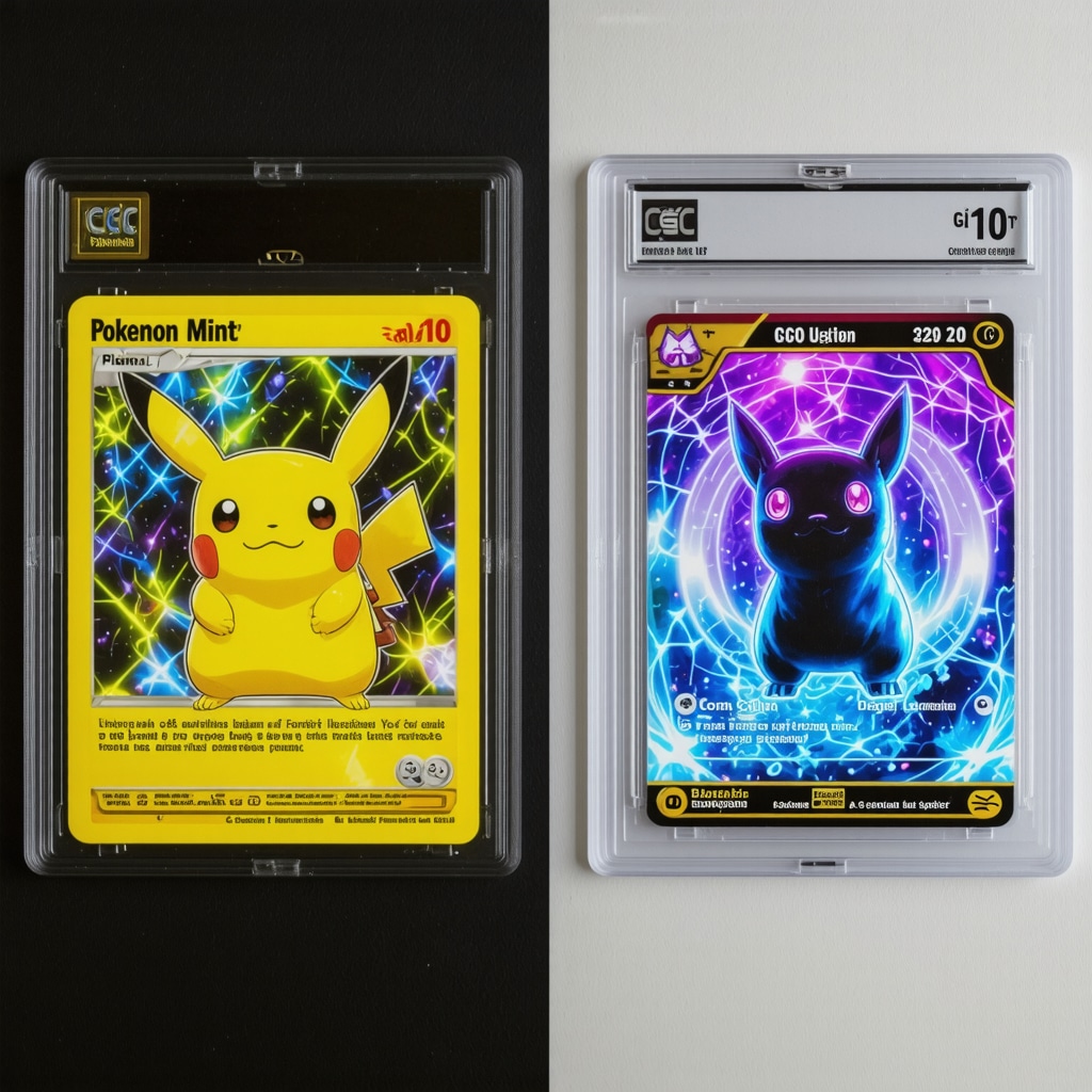 Comparison of CGC Gem Mint 10 Japanese Pokémon card under visible and ultraviolet light with forensic authentication tools