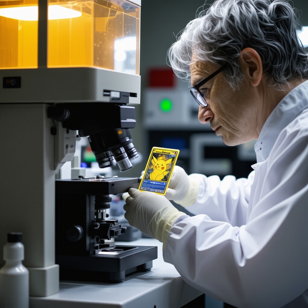 Scientist using advanced forensic tools to authenticate a CGC Gem Mint 10 Japanese Pokémon card