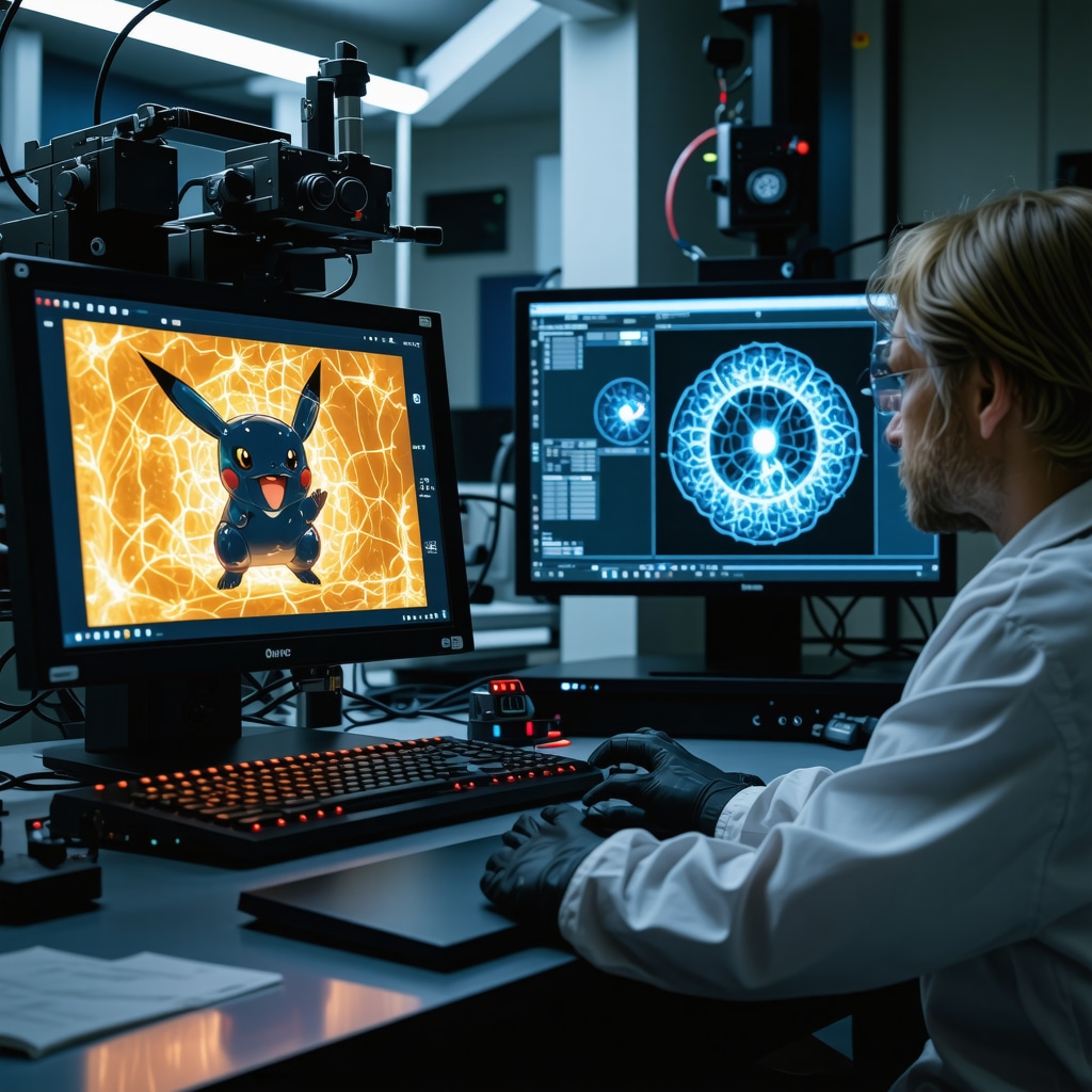 Forensic lab analyzing CGC Gem Mint 10 Japanese Trainer Secret Rare Pokémon card using advanced imaging and spectral analysis