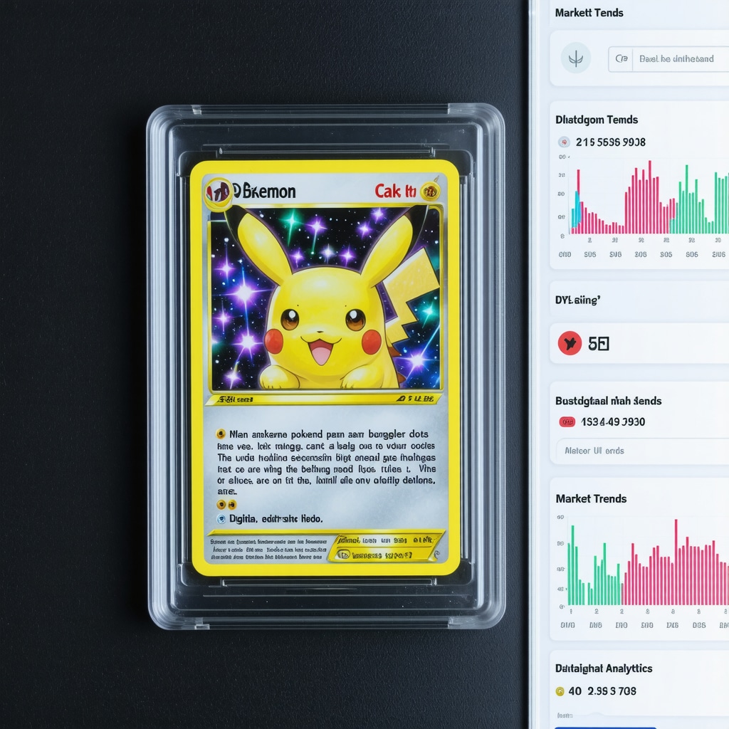 Close-up of a CGC 10 graded Japanese vintage Pokémon card under UV light with digital market analytics overlay
