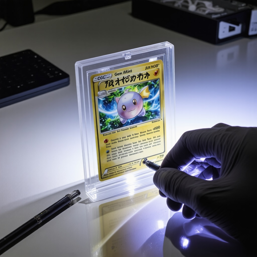 CGC Gem Mint 10 Japanese Pokémon card being examined with ultraviolet light and microscope for authentication