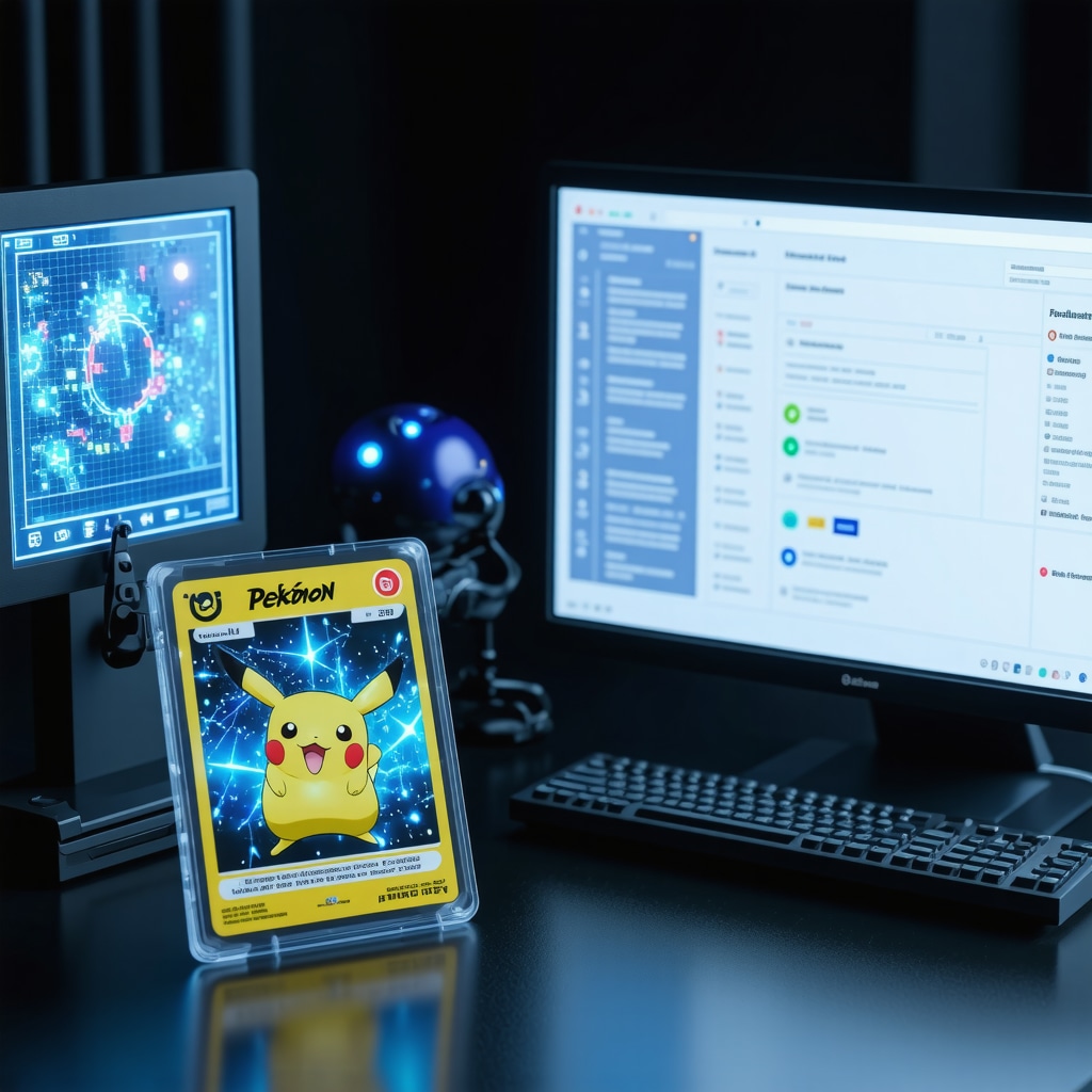 CGC 10 Japanese promo Pokémon card displayed alongside holographic AI analytics and blockchain ledger on a high-tech collector's desk