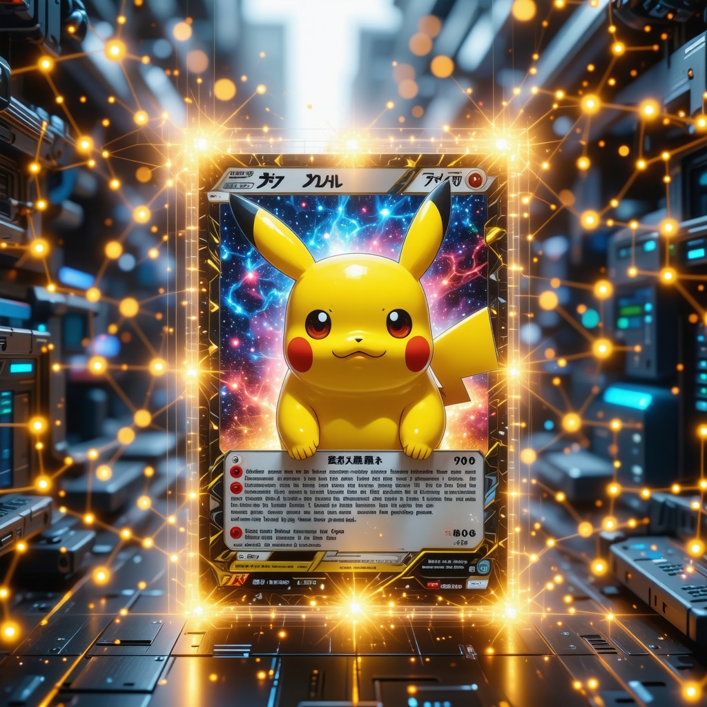 Holographic Japanese vintage holo rare Pokémon card with blockchain and AI data visualizations