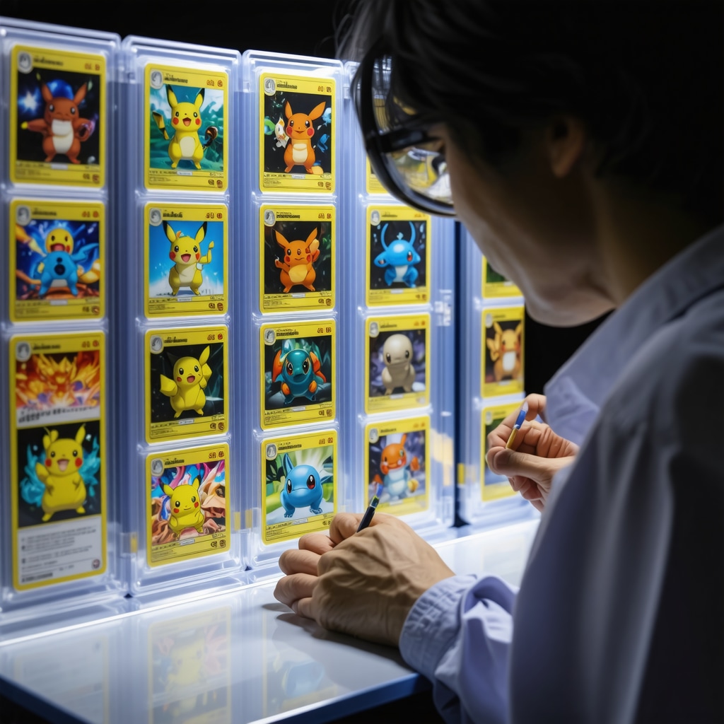 Magnified Japanese Pokémon CGC 10 card under digital analysis in an authentication lab