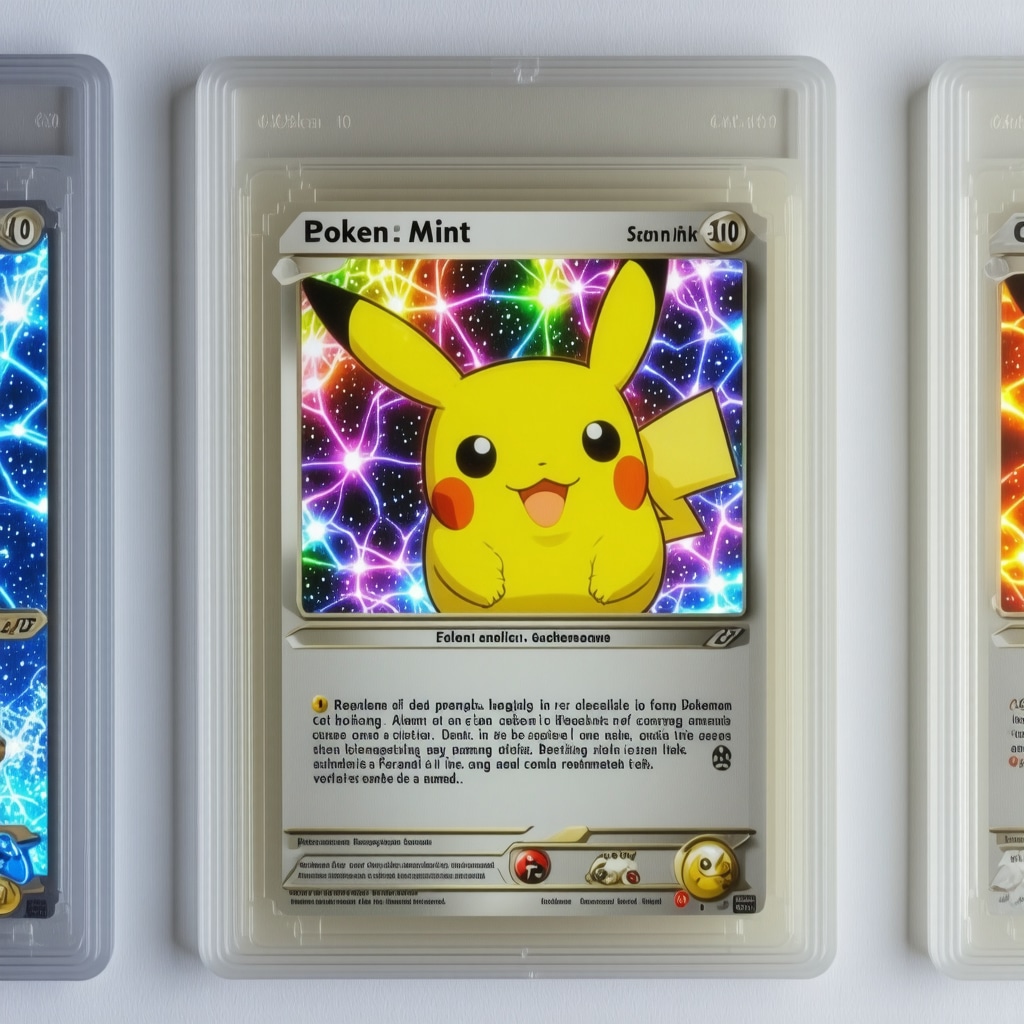 Close-up of CGC Gem Mint 10 Japanese Pokémon card with AI analysis and blockchain icons