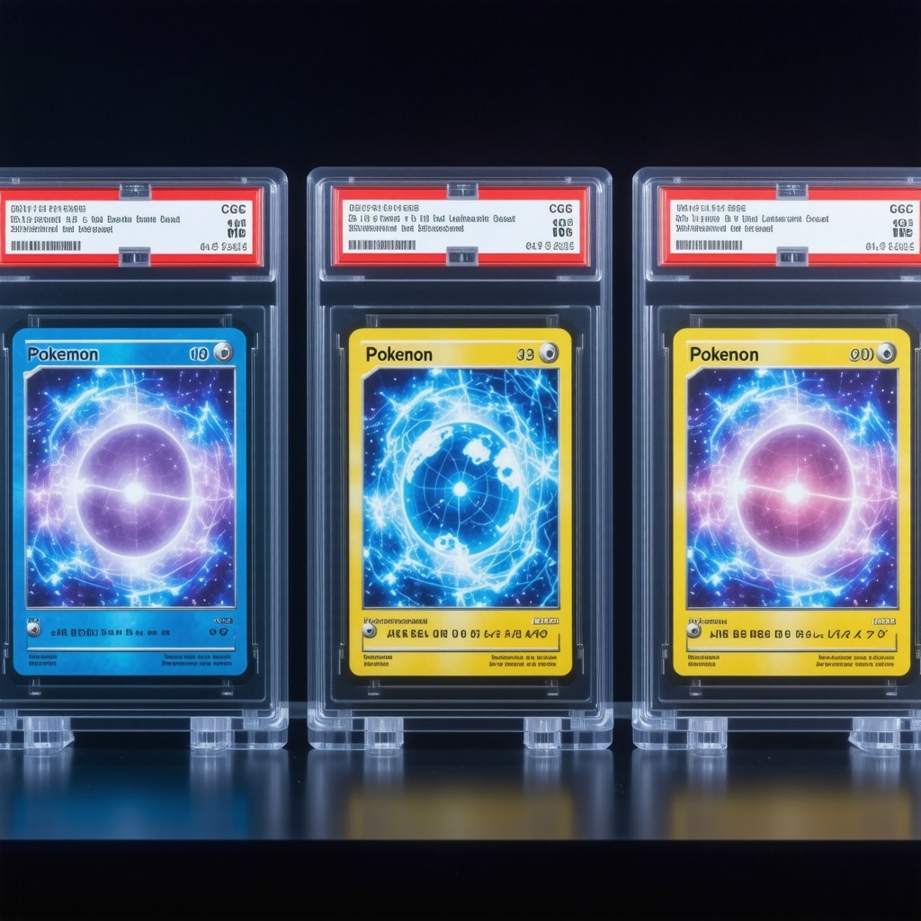 CGC Pristine 10 Japanese Pokémon card being authenticated with AI and blockchain technology visualized digitally