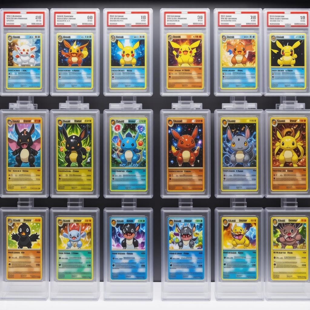 CGC 10 Japanese Pokémon cards in a climate-controlled display case with AI and blockchain graphical overlays