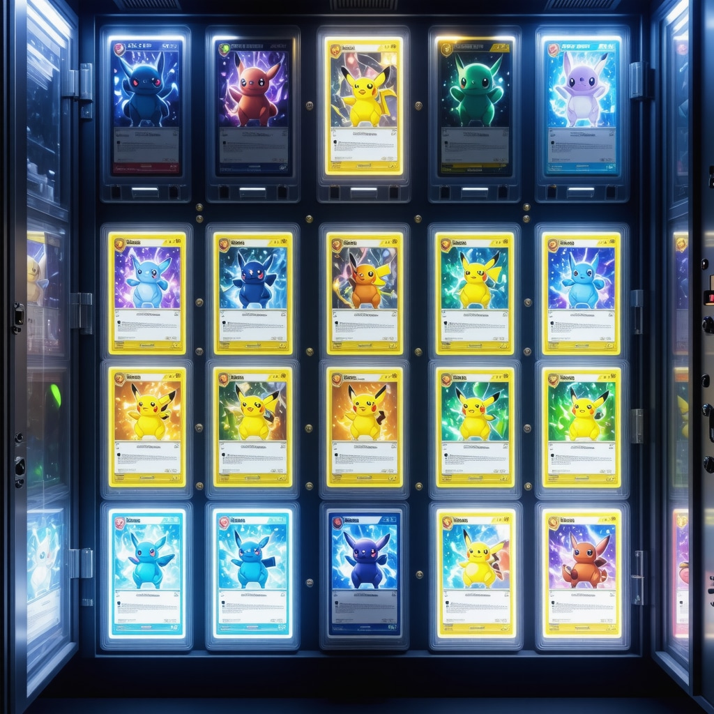 Smart storage vault with IoT sensors monitoring environmental conditions for CGC 10 Japanese vintage holo rare Pokémon cards