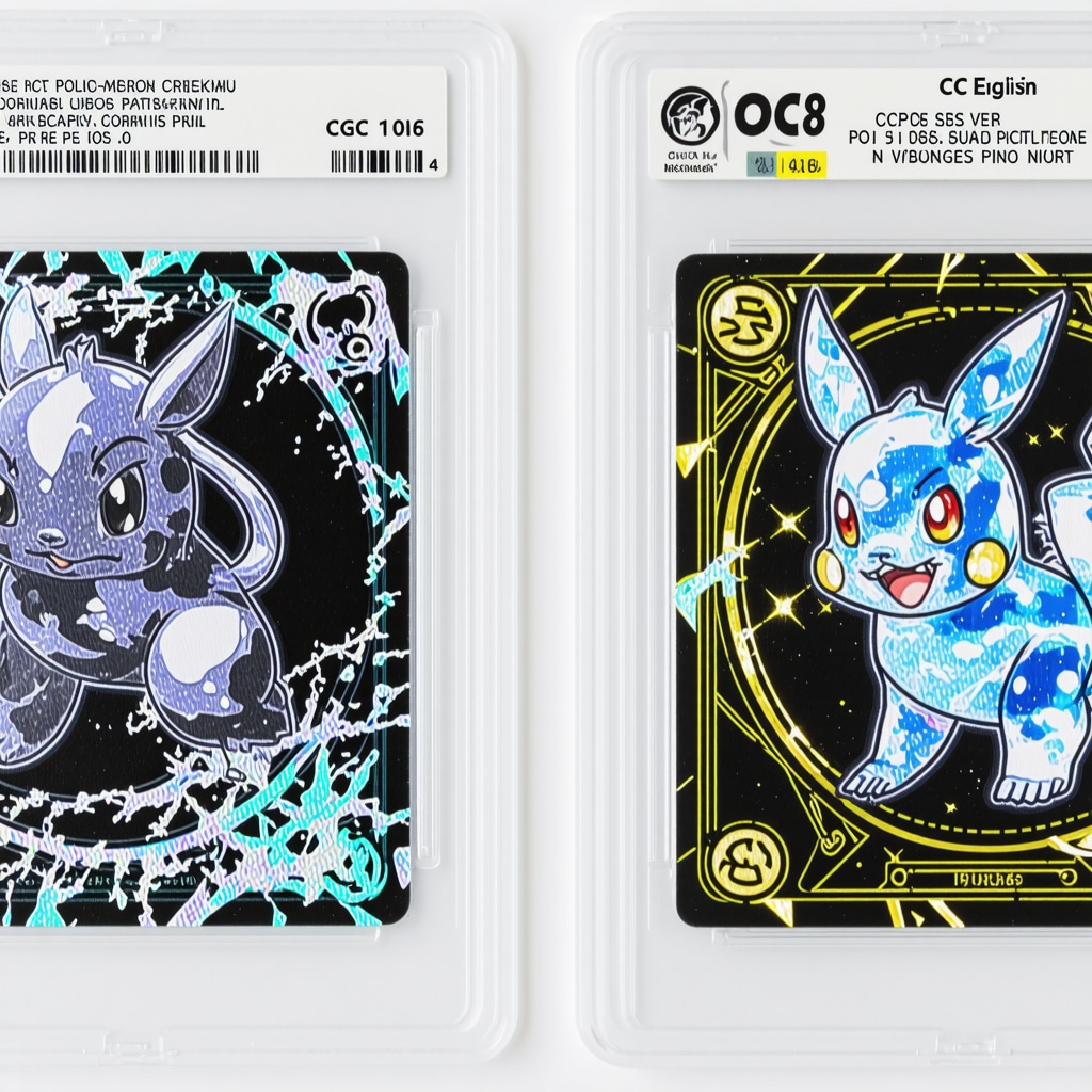 Close-up image comparing holographic and printing details of CGC 10 graded Japanese and English Pokémon cards